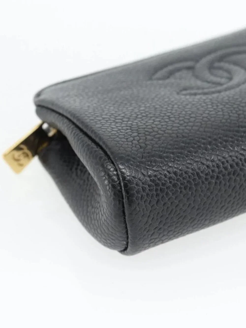 CHANEL COCO Mark Pouch Grained Calf Skin Black Gold CC Auth 181481